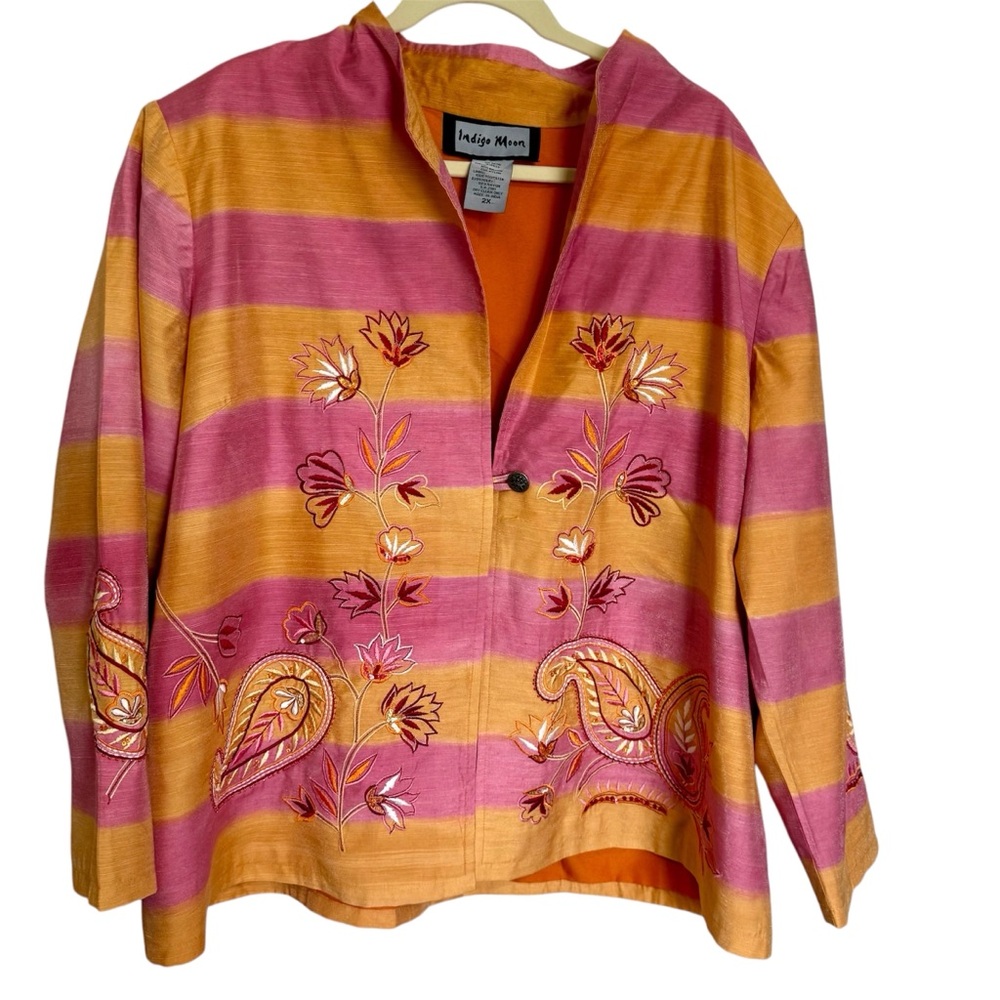 Indigo Moon Womens Jacket 2XL Orange Pink Bright Stripe Floral Embroidered Beads